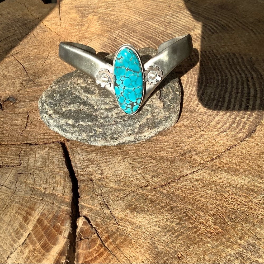 Sterling/turquoise cuff, adjusts 6 1/2-7” wrist size